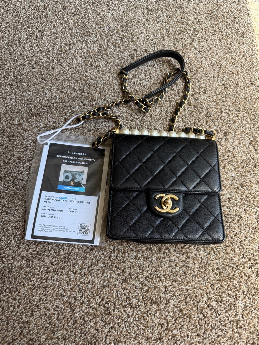 CHANEL Black Quilted Leather Pearl-Trim Crossbody Bag with Gold Hardware